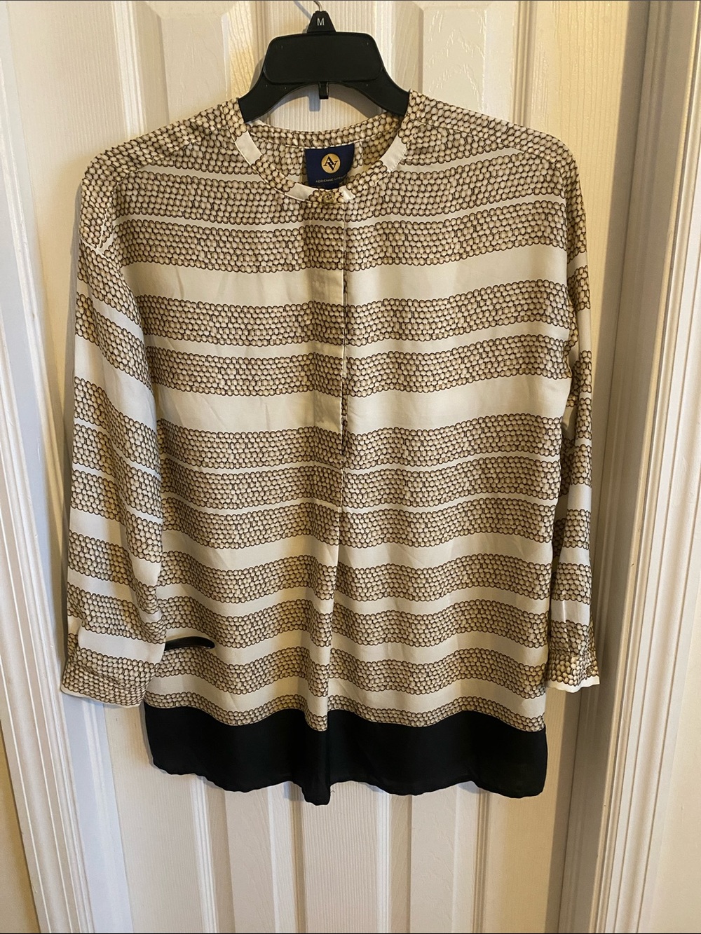 Adrienne Vittadini Cream and Black Striped Long-Sleeve Blouse